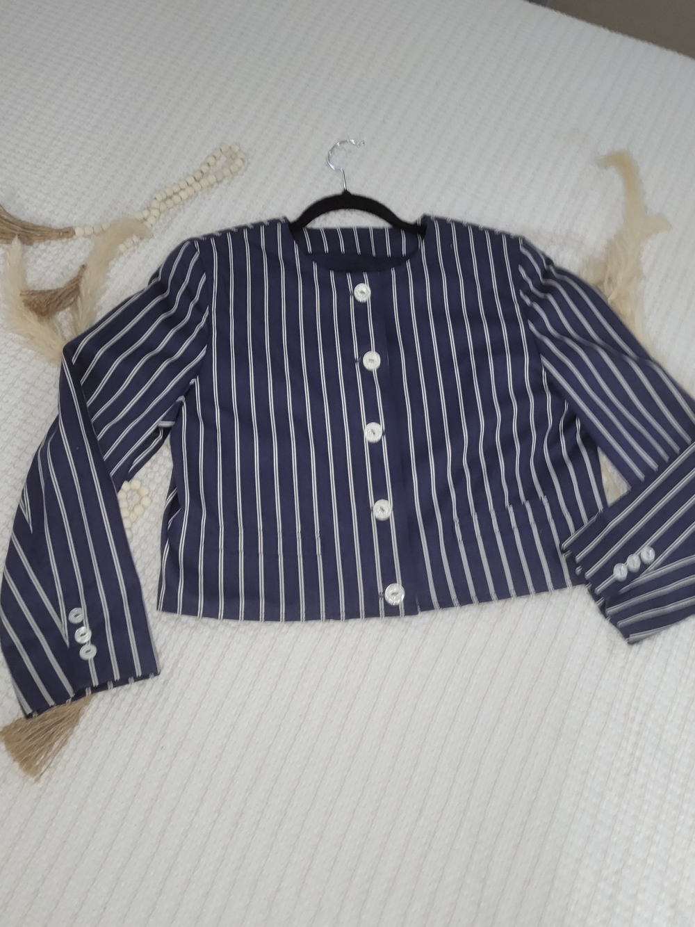 100 % Cotton Vintage Striped Navy Cropped Blazer Padded Shoulders Lined Nautical